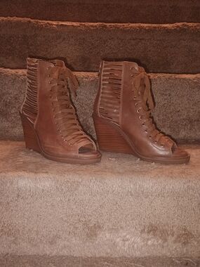 BCBGeneration Brown Peep-Toe Lace-Up Wedge Booties